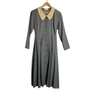 Vintage Button Up Long Sleeve Lined Maxi Dress Lace Collar Trad Wife Modest s